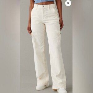 American Eagle Super High Rise Baggy Wide Leg Corduroy Pants Cream Sz 2 Long